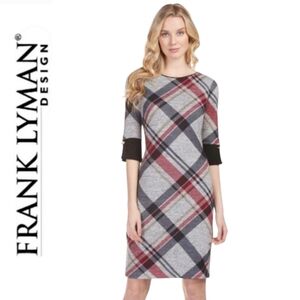 SZ10 Frank Lyman Design Grey  Red Plaid Knit Sheath Dress with Cuff Detail